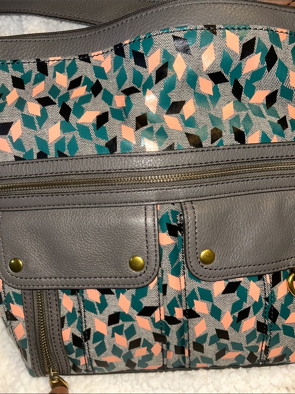 Fossil Gray Crossbody with Pink and Teal Geometric Print